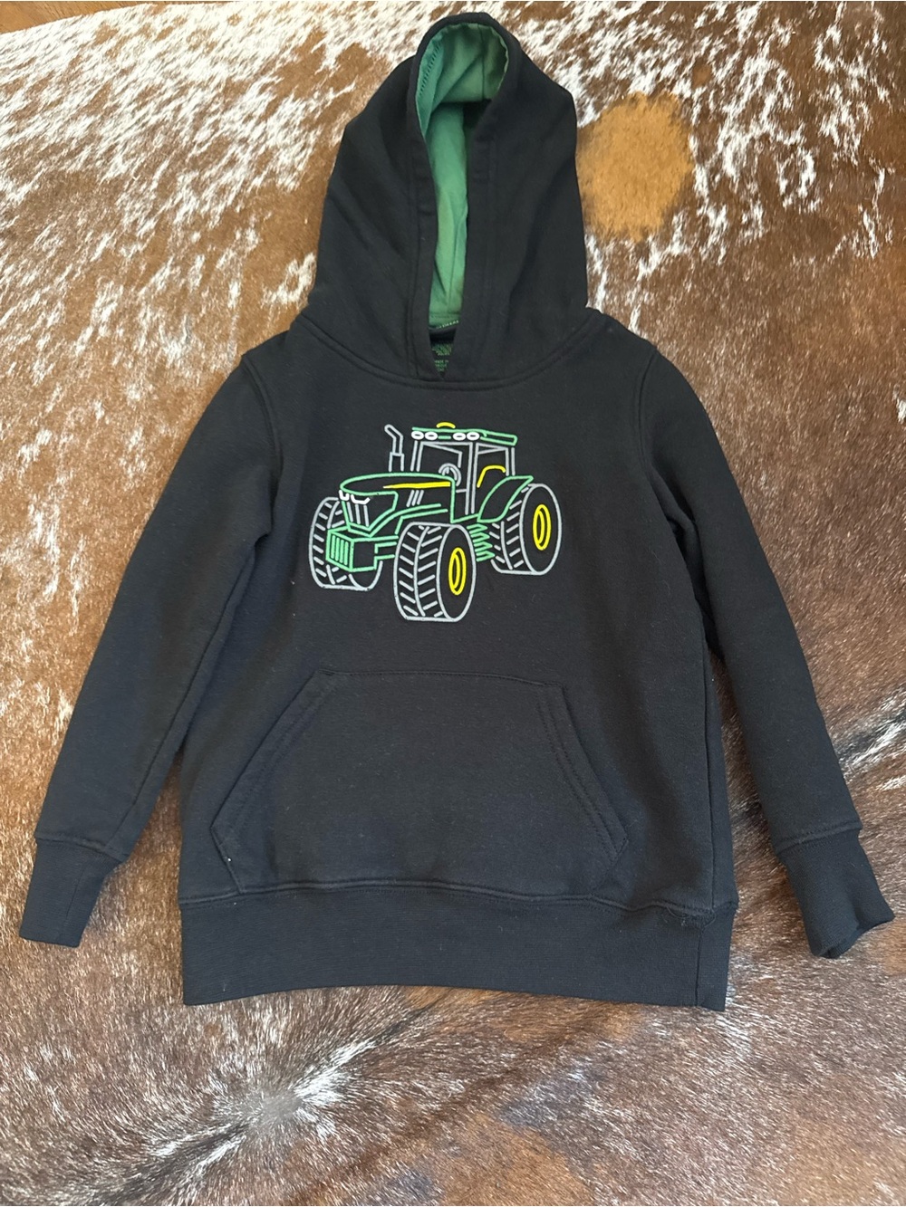 John Deere Black Hoodie with Green and Yellow Tractor Graphic